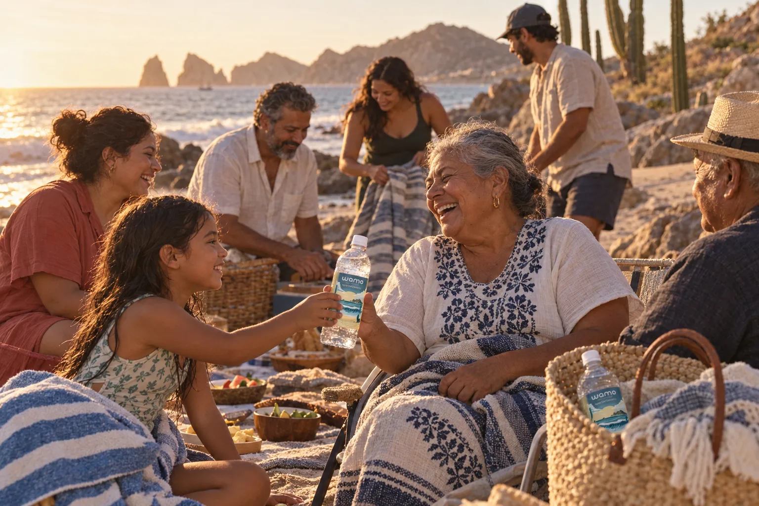Amigos y familia comparten después del mar, con el Arco de Cabo al fondo