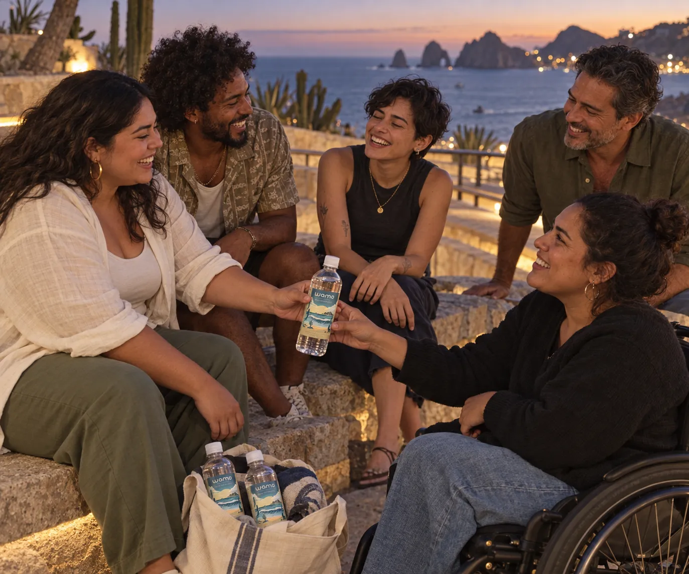 Amigas y amigos conversan en un mirador frente al mar